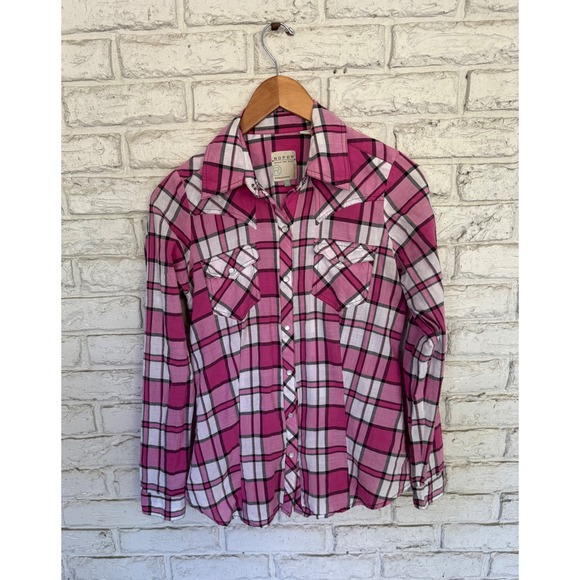 Roper Womens Western Plaid Shirt Pink White Black Pearl Snap Button Down Medium - Picture 1 of 8